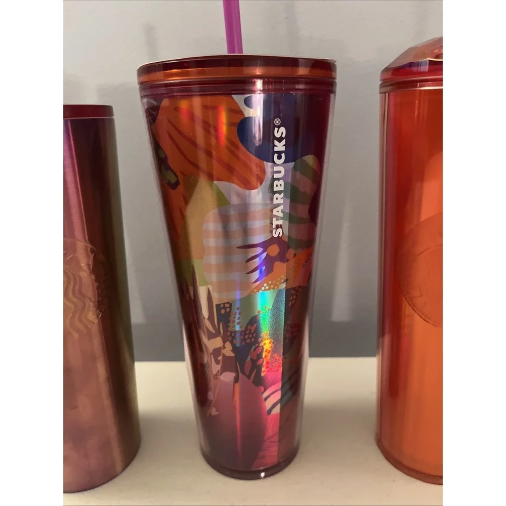 Lot of 3 Starbucks 24oz Venti‎ Tumbler Cups With Lids And Straws Metal, Plastic